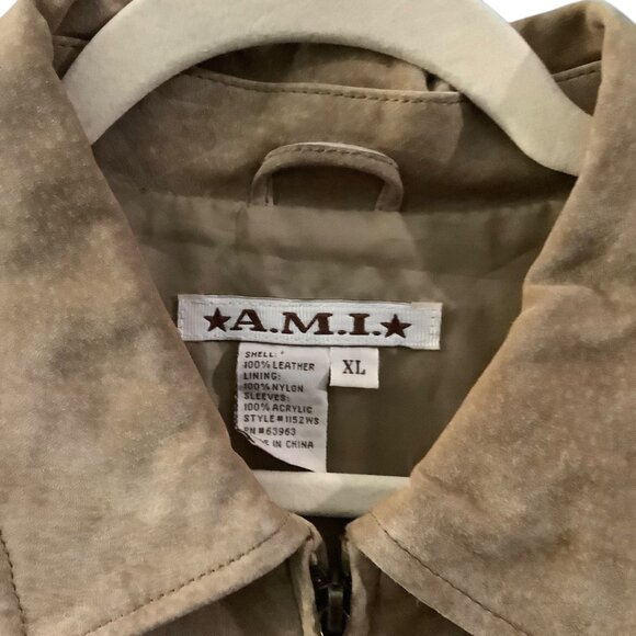 Vtg AMI Tan Leather Jacket With Ribbed Knit Sleeves Women Size XL Lined - Picture 5 of 7